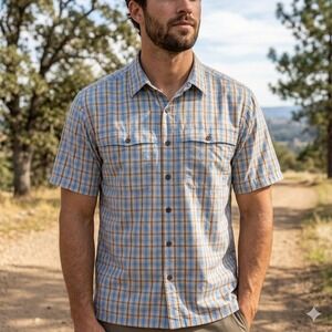 Patagonia Island Hopper Shirt Mens Large Blue Tan Plaid SS Ventilated 52168